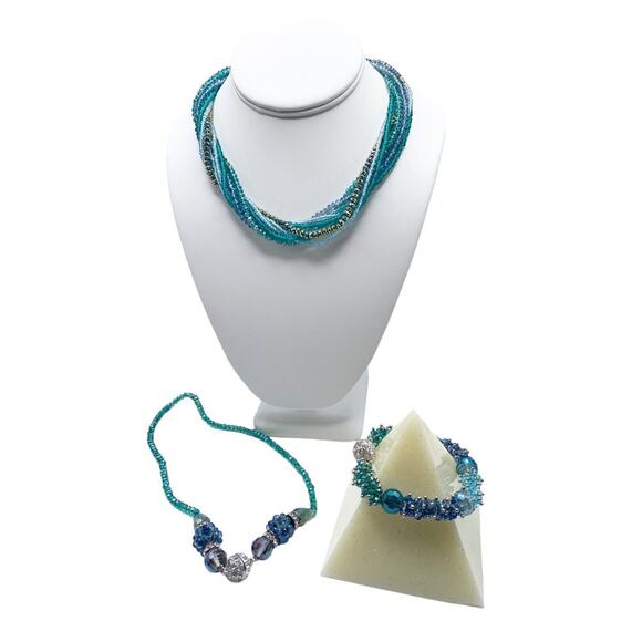 Beaded Necklace Bracelet Set Blue Magnetic Clasps Interchangeable 6 in 1 Pretty - Picture 2 of 14